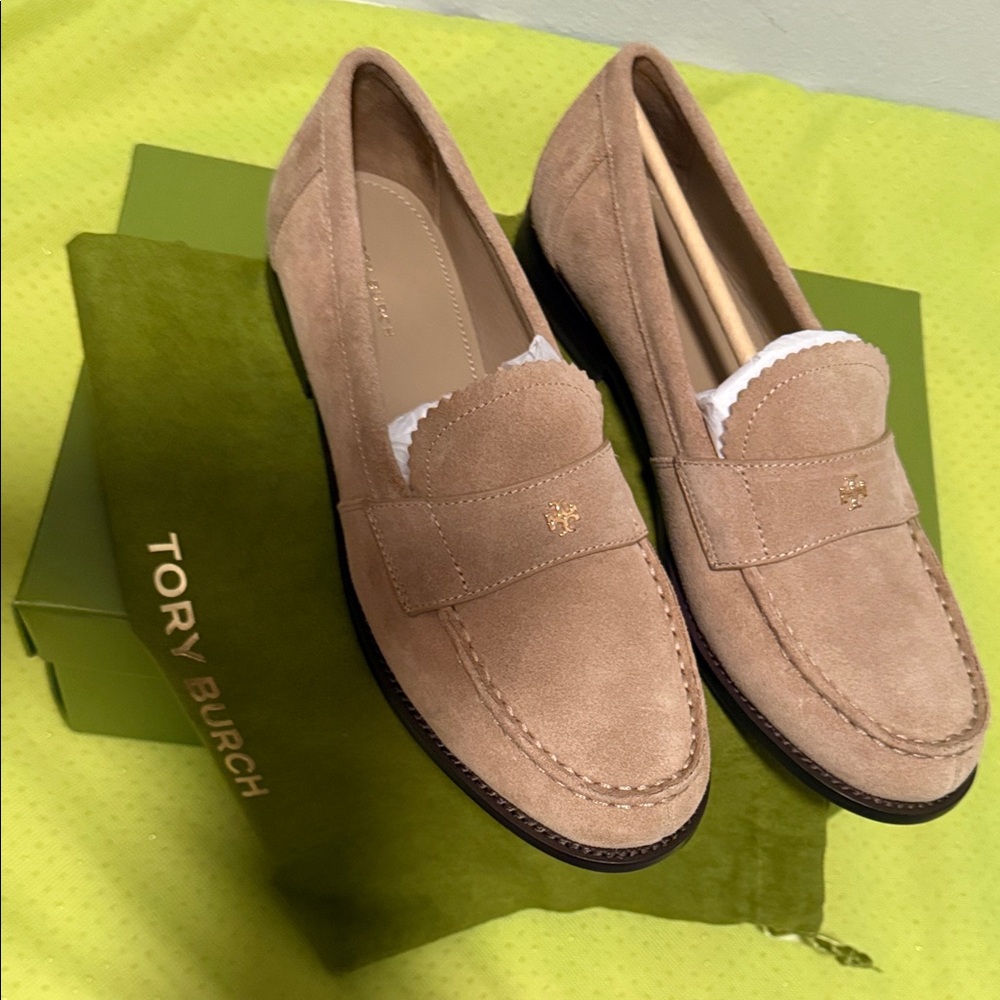 Tory Burch Tan Suede Penny Loafers